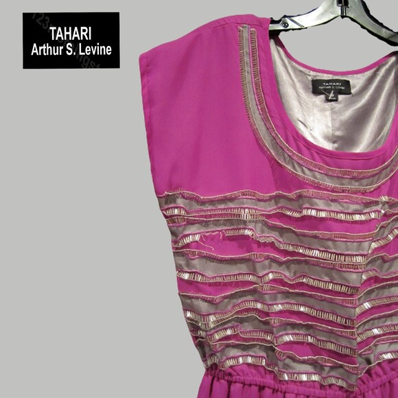 TAHARI ASL NEW Embellished Silver Ribbon Violet Cocktail Sheath Mini Dress — XS - Picture 6 of 13